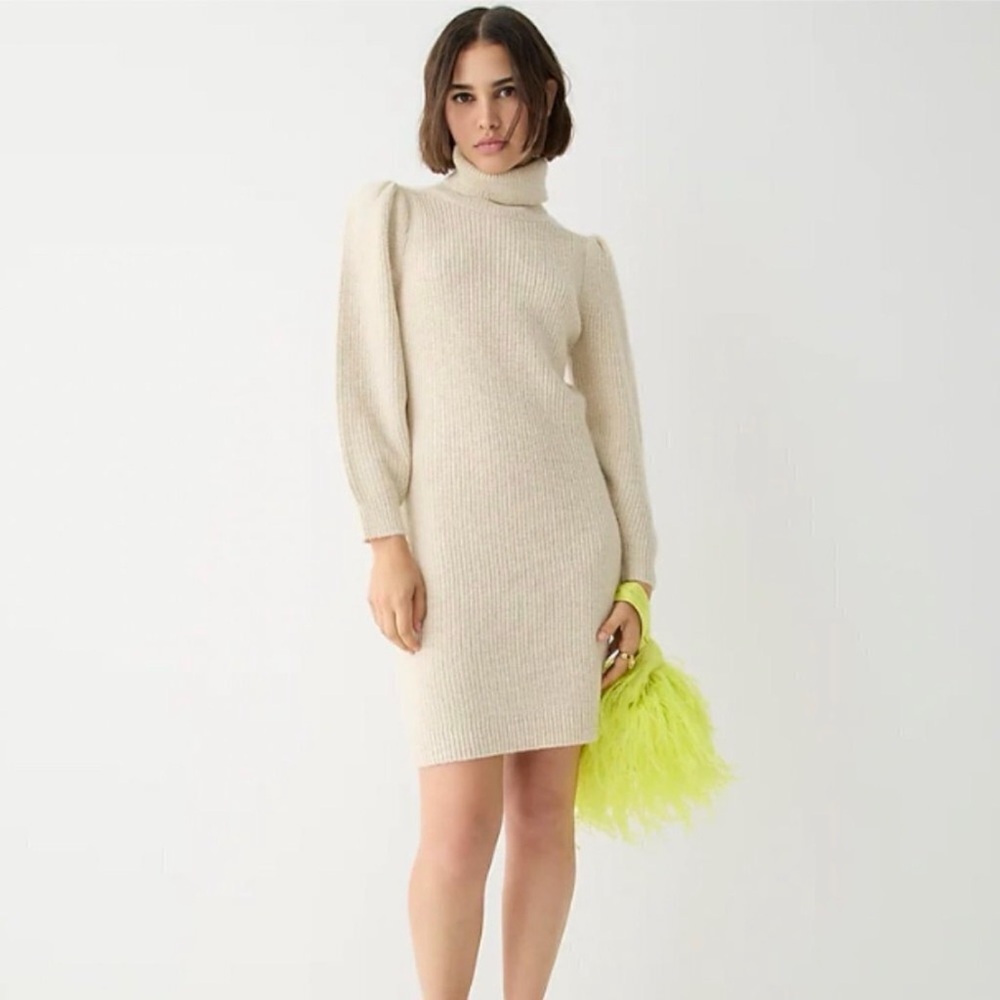 J. Crew Puff Sleeve Turtleneck Wool-Blend Ivory Sweater Dress Medium